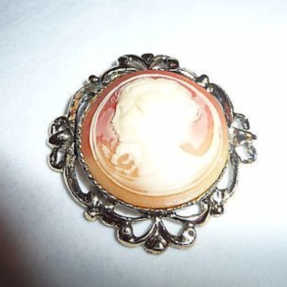 Jewelry - Vintage Cameo Brooch In Ornate Silver Tone